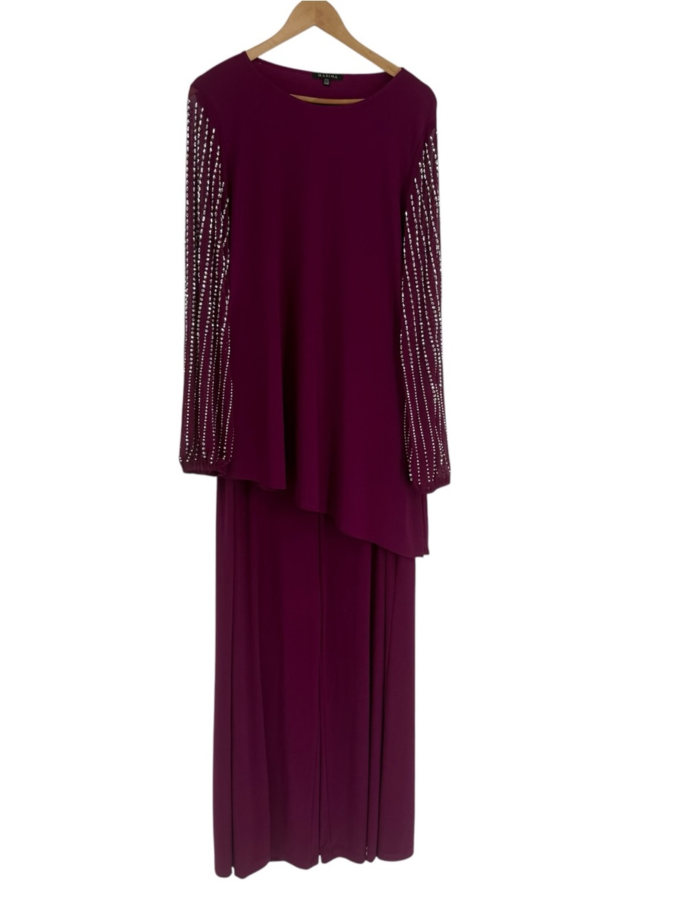 Marina Beaded Long Sleeve Crew Neck 2-Piece Pant Set Fuschia size 14W Party